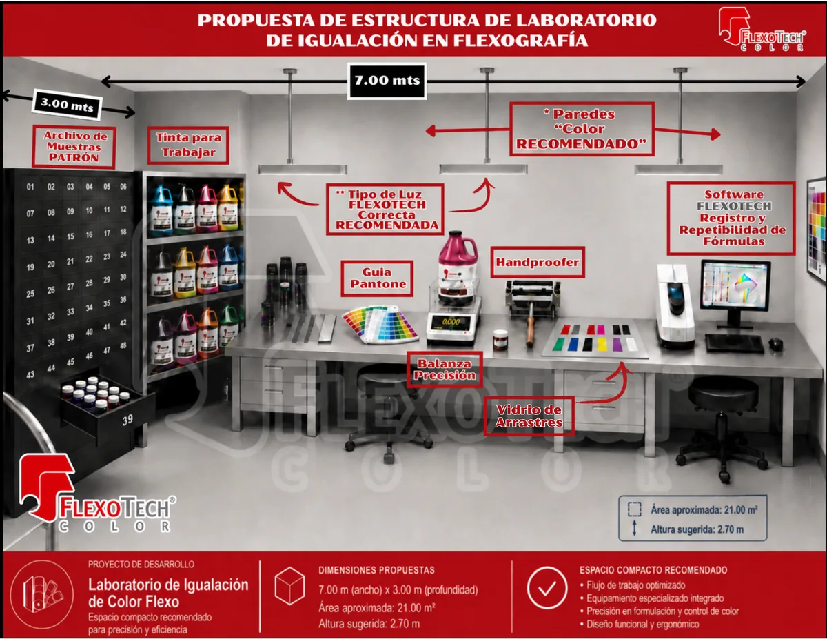 Laboratorio de igualación de color en flexografía con handproofer, balanza de precisión, tintas para flexografía y vidrio de arrastres